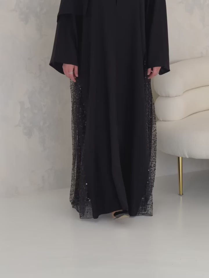 Black Sparkling Lace Panel Abaya